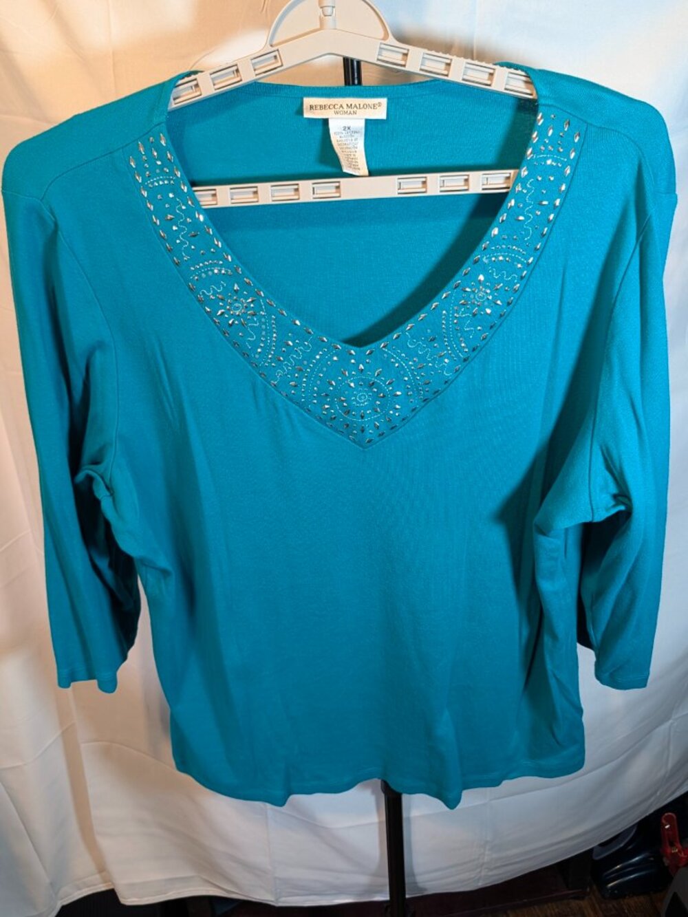 Rebecca Malone Tunic Women's 2X Turquoise Blue Grn 3/4 Sleeves/Rhinestones/Studs